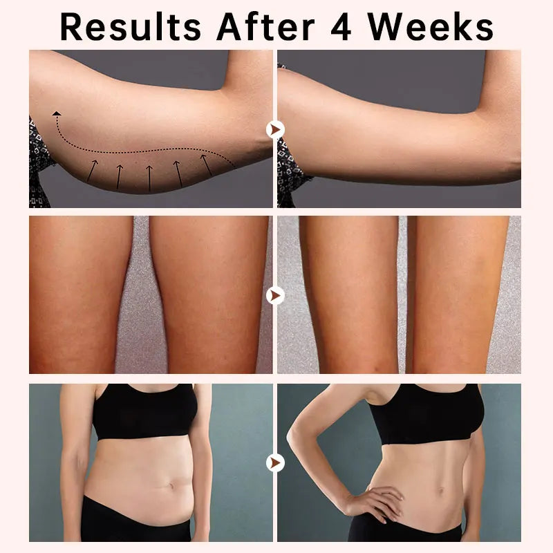 Slimming Cellulite Oil before and after 4-week body transformation results on arms, legs, and waist.