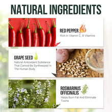 Slimming Cellulite Oil natural ingredients display — red pepper oil, grape seed oil, and eucalyptus oil for body firming.