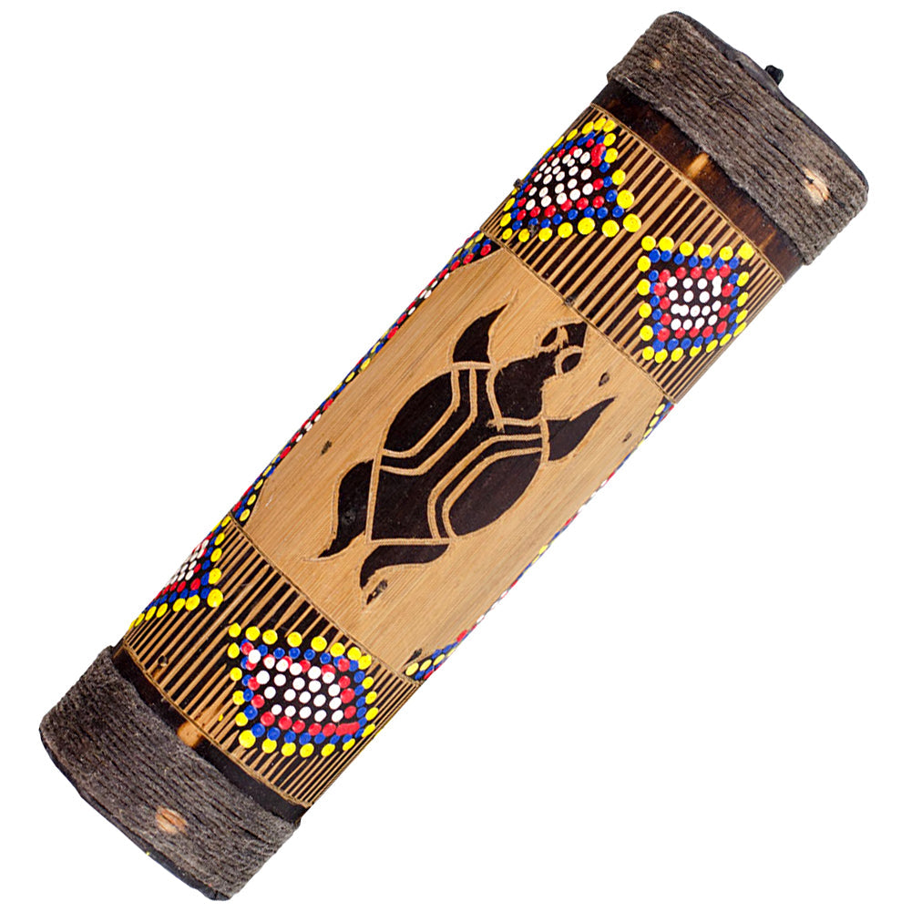 Small carved rainstick with turtle design percussion instrument for meditation music, sound rituals, and decorative display.