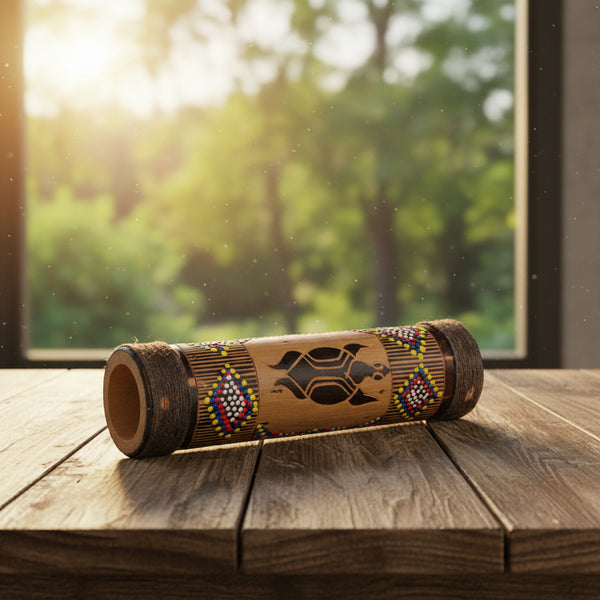 Small carved rainstick with turtle design percussion instrument for meditation music, sound rituals, and decorative display.