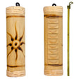 Small fire-burned rainstick with sun design percussion instrument for meditation music, sound rituals, and decorative display.