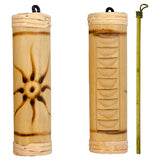 Small fire-burned rainstick with sun design percussion instrument for meditation music, sound rituals, and decorative display.
