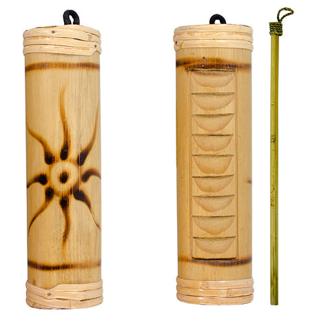 Small fire-burned rainstick with sun design percussion instrument for meditation music, sound rituals, and decorative display.