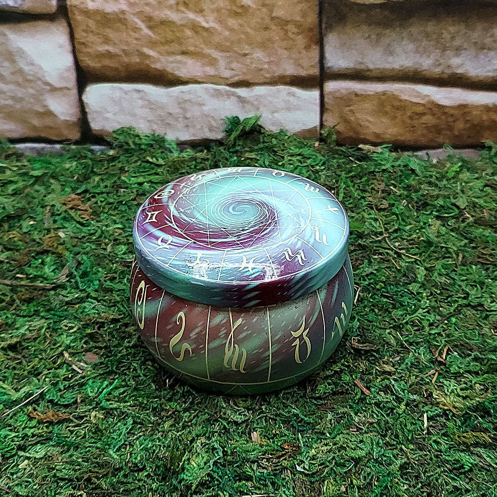 Small ritual tin candle with crystals for travel altar use, prayer, and spiritual rituals.