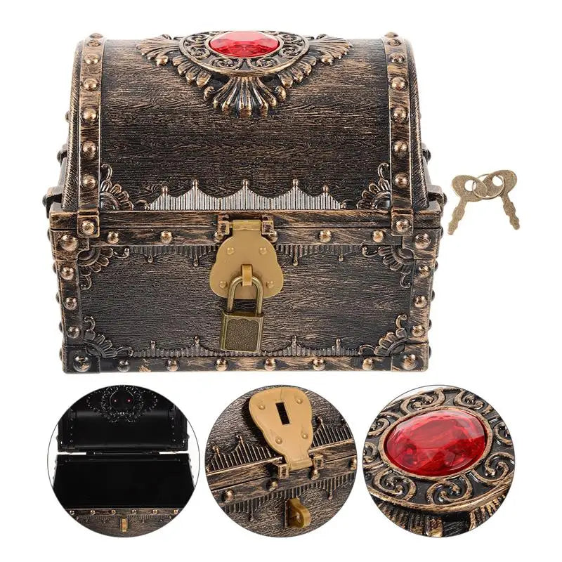 Small Pirate Treasure Box vintage-style chest with lock and key for hiding small valuables, collectibles, and pirate cosplay accessories.