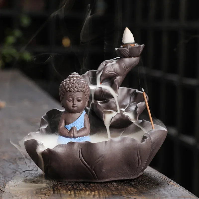 Zen Buddha backflow incense burner for small-space aromatherapy, meditation practice, and calming home decor use.