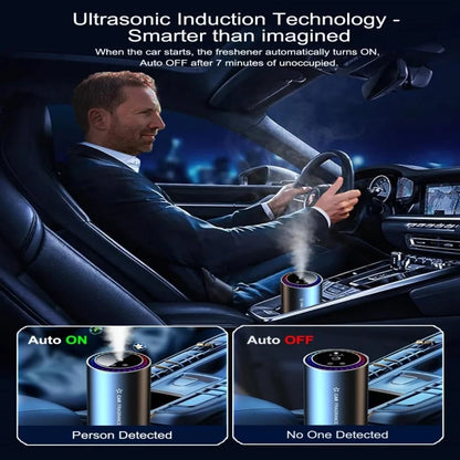 Smart auto air freshener with LED projector light for scenting the cabin and adding decorative lighting during daily driving.