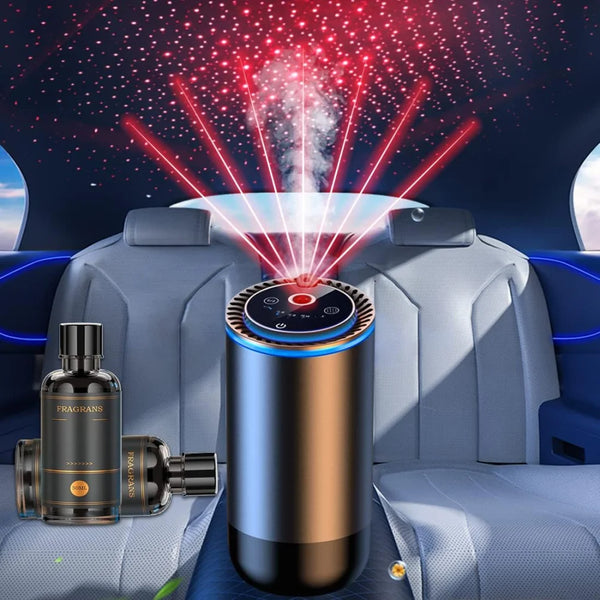Smart car air freshener bottle with star projector and essential oil diffuser for car fragrance, aromatherapy, and ambient interior lighting.