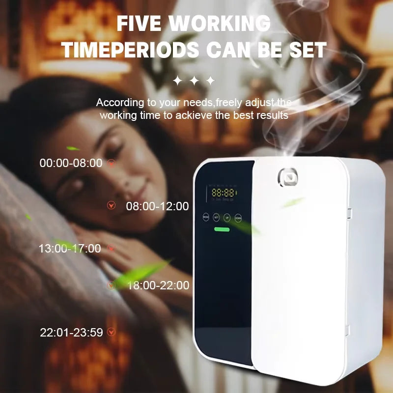 Smart scent diffuser wall unit for fragrance control in commercial spaces, reception areas, and business environments.