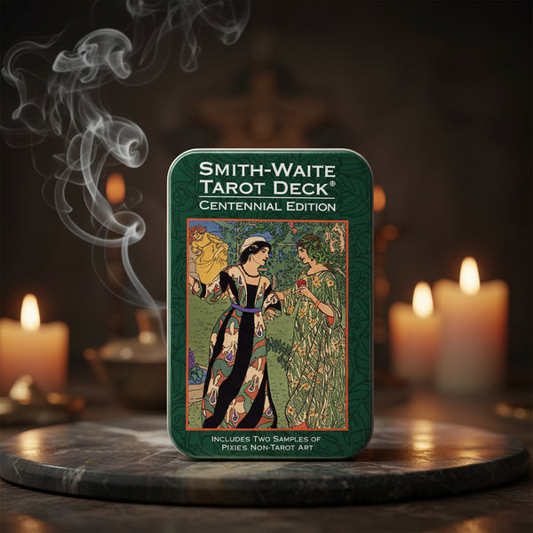 Smith-Waite Centennial Tarot deck tin case for tarot reading, divination practice, and gift giving.