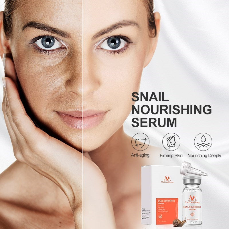 Snail 100% Essence with Hyaluronic Acid Pore Tightening Serum advertising image with before and after skin effects display.