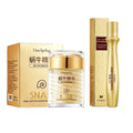 Snail collagen skincare set with face cream jar and eye serum bottle for anti-aging care, skin moisturizing, and under-eye treatment.