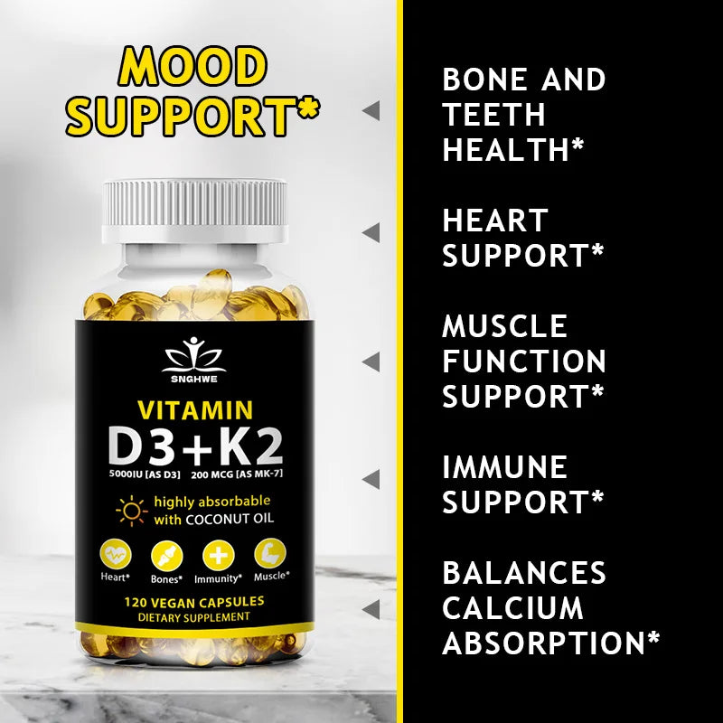 SNGHWE D3 K2 vitamin capsules bottle for daily wellness, calcium metabolism support, and bone maintenance.