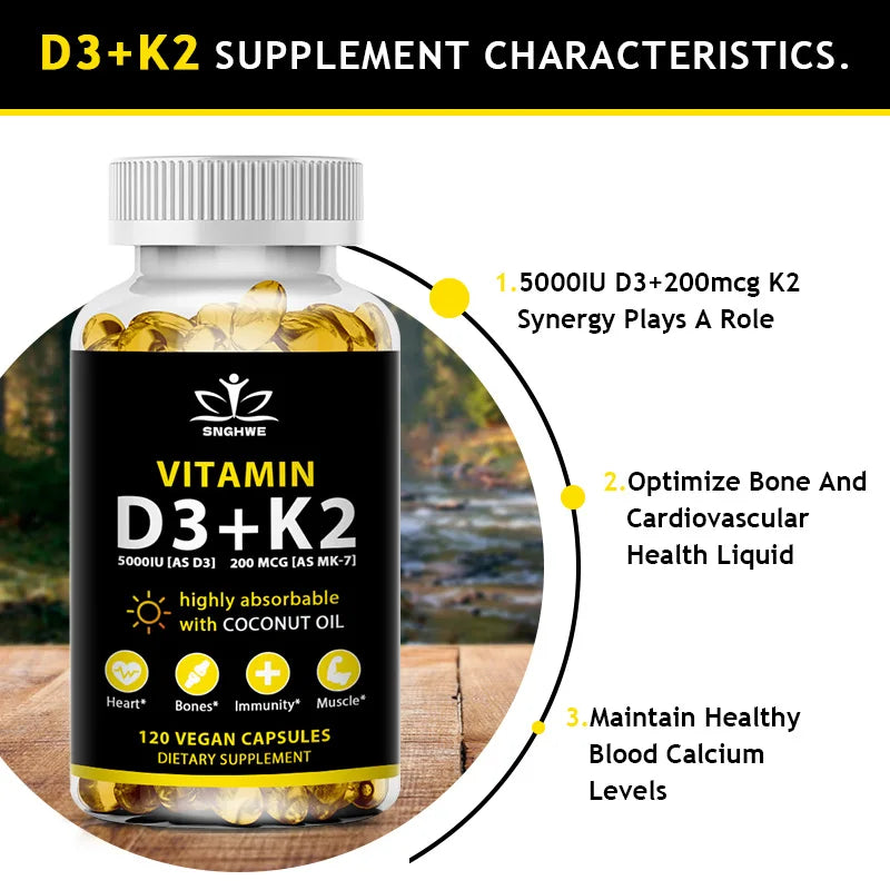 SNGHWE daily Vitamin D3 K2 capsules bottle for nutritional support, bone health, and regular supplement use.