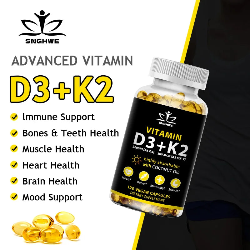 SNGHWE Vitamin D3 K2 capsules supplement for daily nutrient support, bone strength, and calcium absorption.