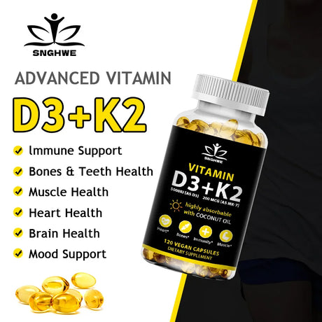 SNGHWE Vitamin D3 K2 capsules supplement for daily nutrient support, bone strength, and calcium absorption.