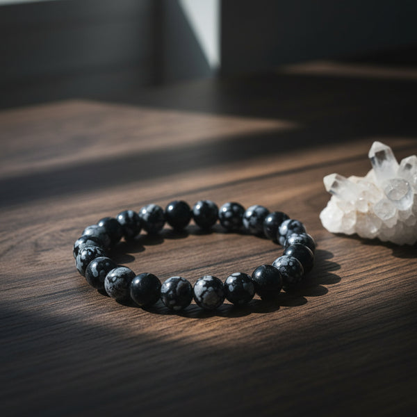 Snowflake Obsidian elastic bracelet with 8mm round beads