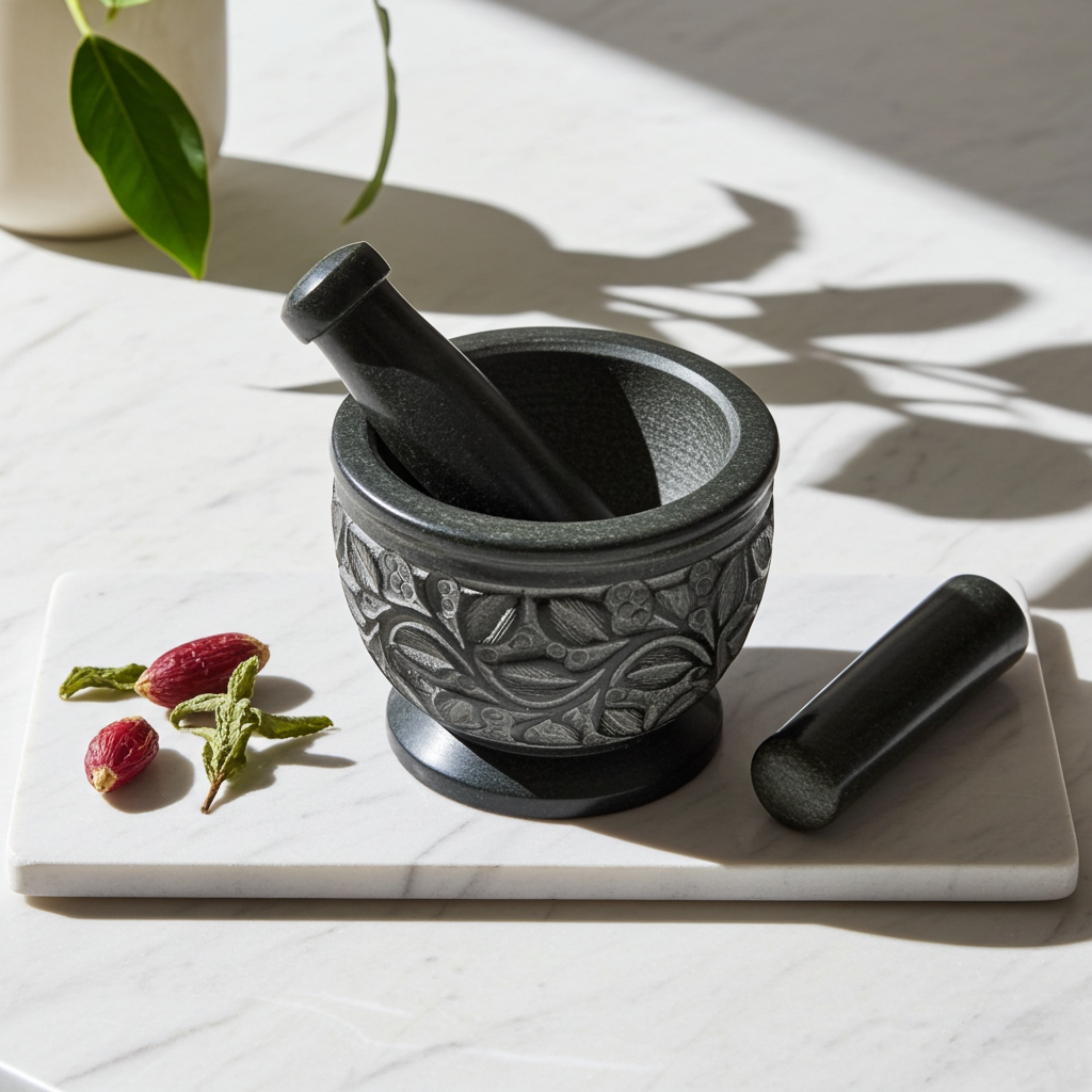 Soapstone Vines mortar and pestle bowl with carved vine design for crushing spices, seeds, and seasoning blends.