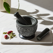 Soapstone Vines mortar and pestle bowl with carved vine design for crushing spices, seeds, and seasoning blends.