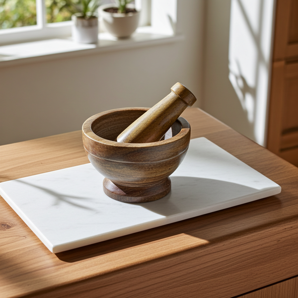 Soapstone mortar and pestle set for grinding herbs, spices, and seasoning blends in kitchen prep.