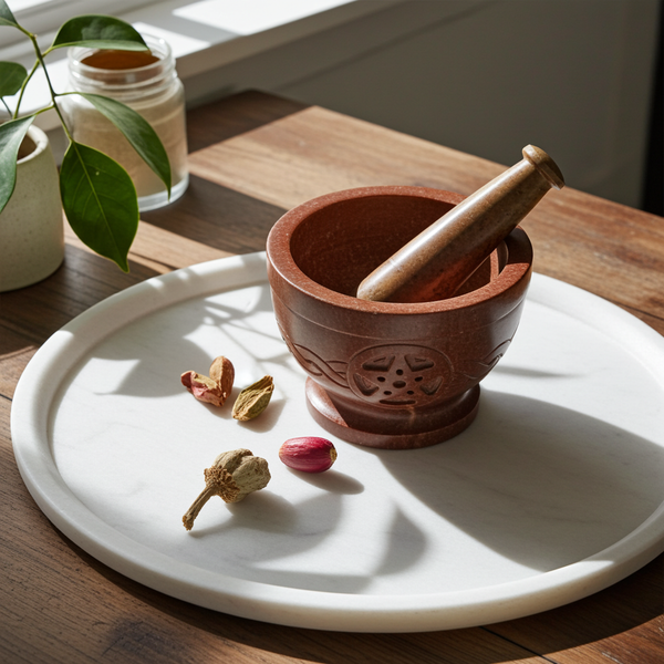 Mortar & Pestle soapstone pentacle with Celtic knot stone mortar and pestle set for herb grinding, incense blending, and ritual use.