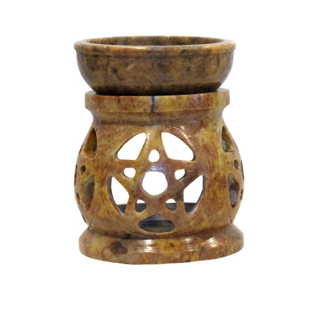 Soapstone pentagram oil burner for essential oil warming, aromatherapy, and altar decor.