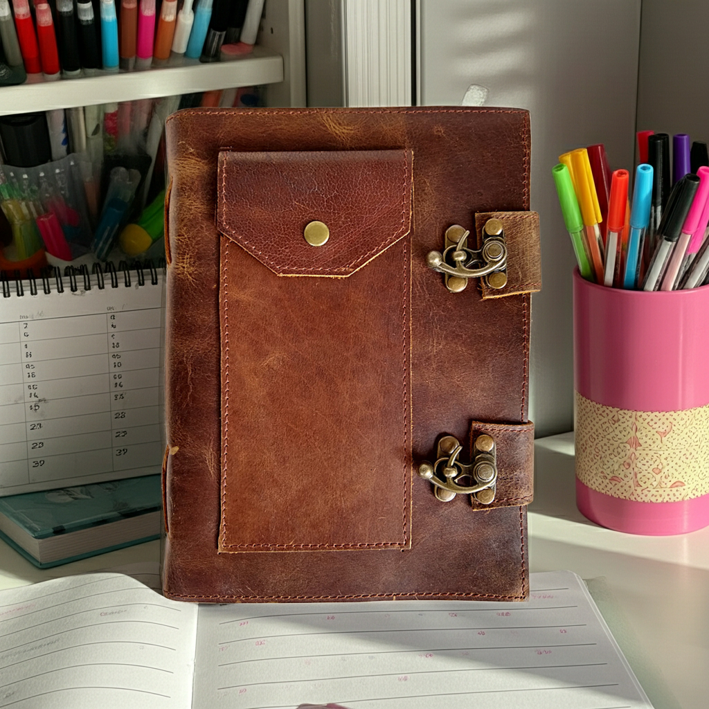 Soft Leather Journal with Two Latch Closures notebook for personal journaling, sketching, and travel writing.