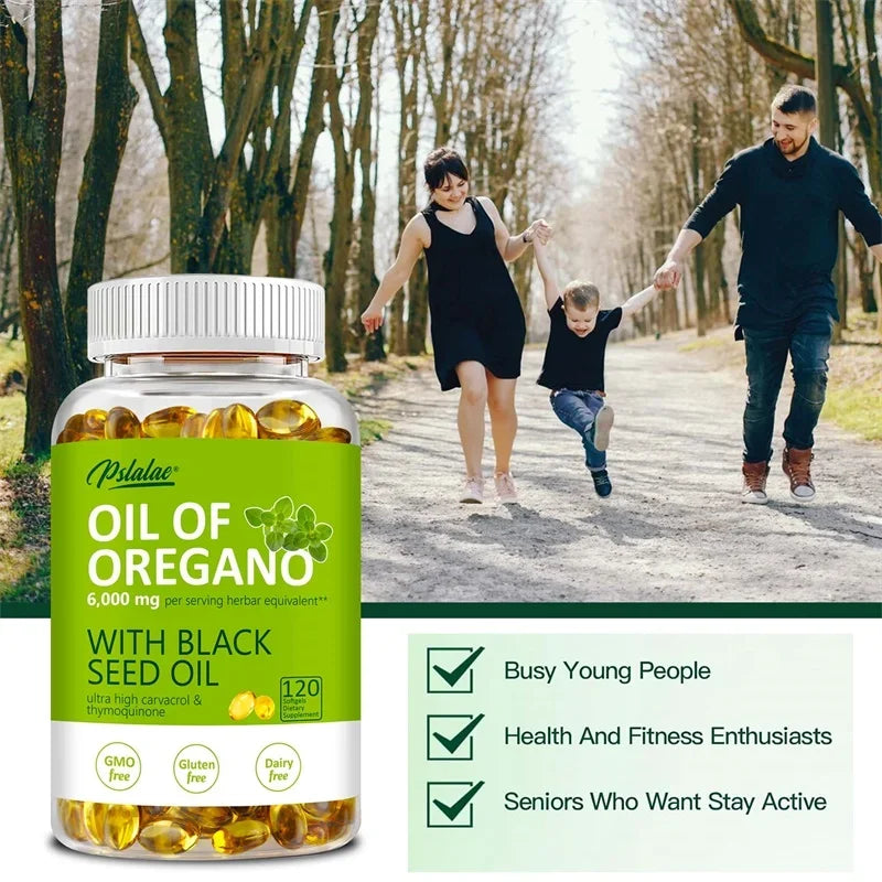 Softgels with Oregano Oil and Black Seed Oil blend for daily supplement intake and herbal wellness support.