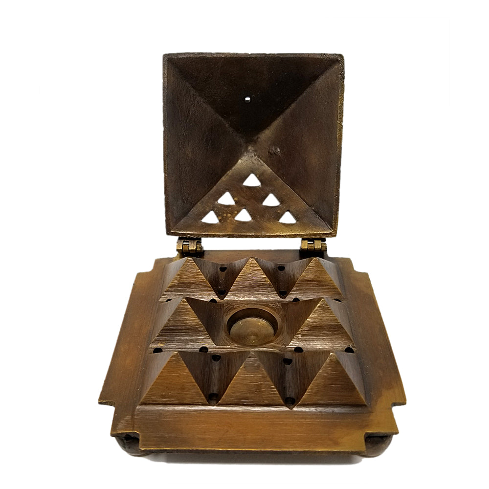 Solid brass 9 pyramid incense cone holder for displaying and burning cone incense during altar setup, meditation, and ceremonial use.
