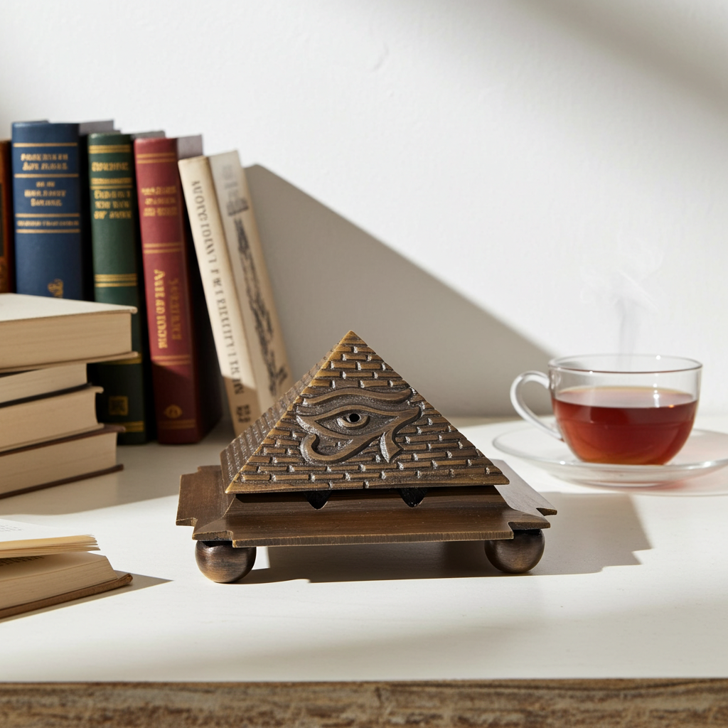 Solid Brass Egyptian 9 Pyramid Cone Burner detail view showing brass finish and pyramid design.