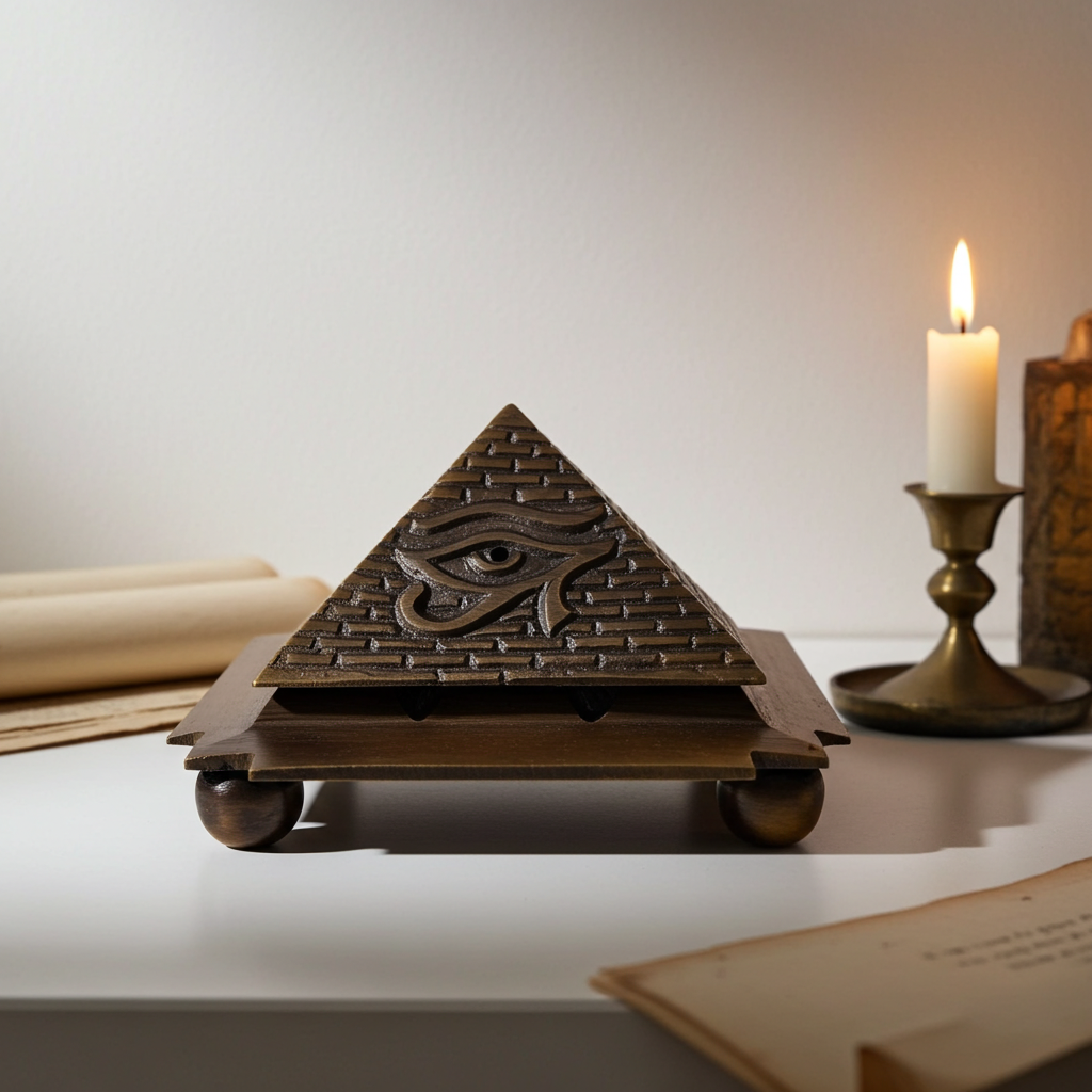 Solid Brass Egyptian 9 Pyramid Cone Burner shown holding cone incense during meditation and altar use.