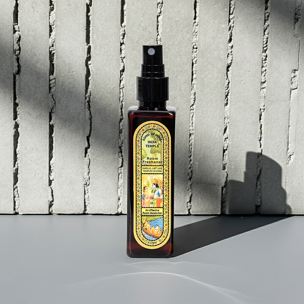 Bottle of Song Of India India Temple Room Spray displayed for home fragrance, room freshening, and aromatic use.