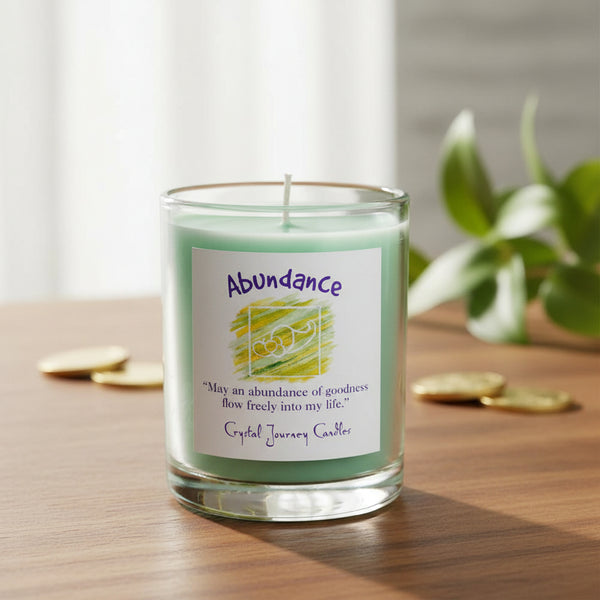 Soy herbal filled votive candle labeled Abundance, used in rituals for prosperity and growth
