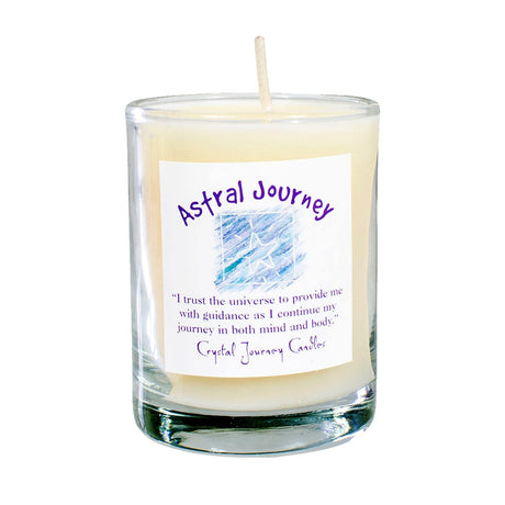 Soy herbal filled votive candle labeled Astral Journey, used in rituals for meditation and spiritual travel