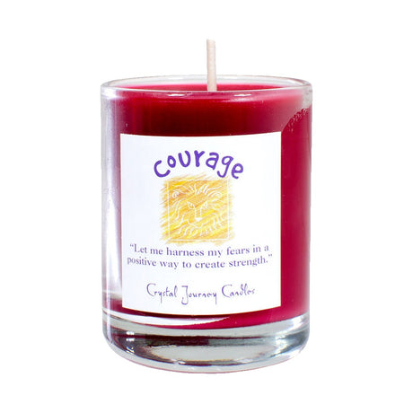 Soy herbal filled votive candle labeled Courage, used in rituals for strength and confidence