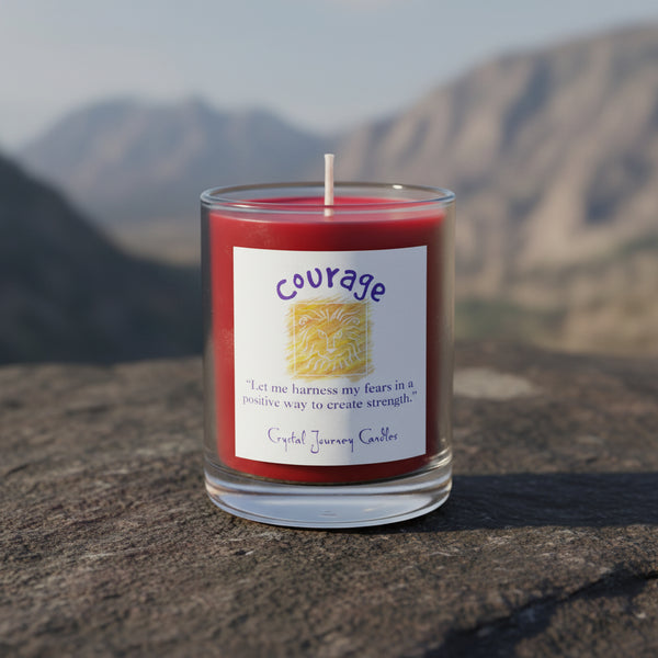 Soy herbal filled votive candle labeled Courage, used in rituals for strength and confidence