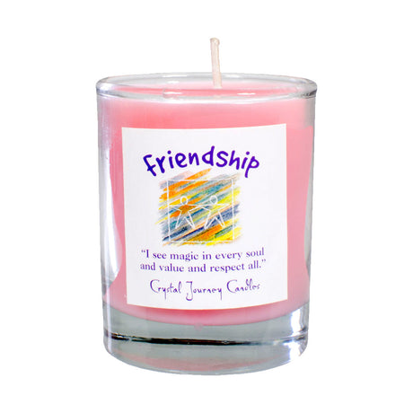 Soy herbal filled votive candle labeled Friendship, used in rituals for connection and companionship