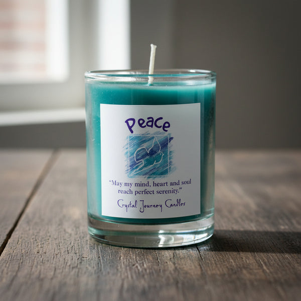 Soy herbal filled votive candle labeled Peace, used in rituals for calm and tranquility