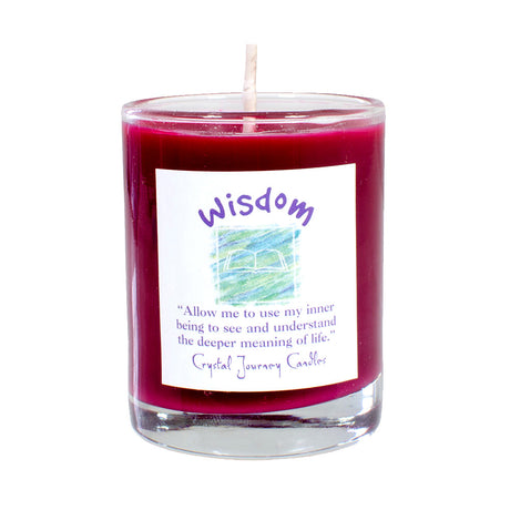 Soy herbal filled votive candle labeled Wisdom, used in rituals for clarity and insight