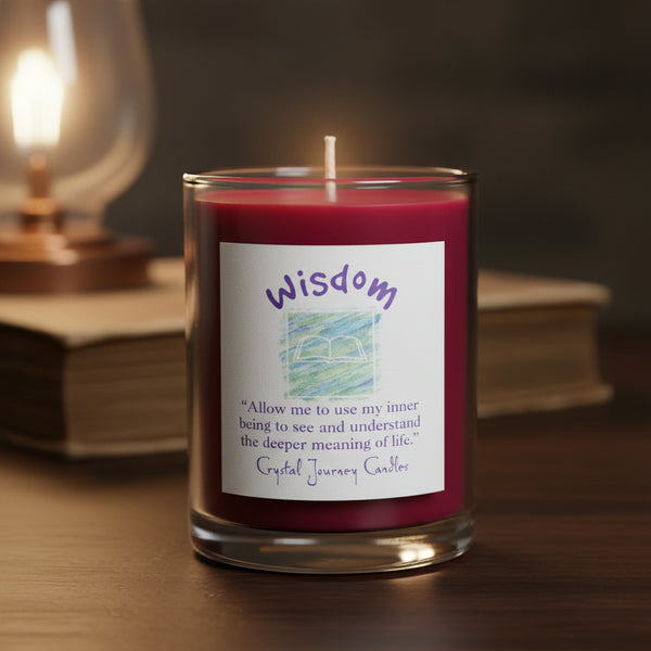 Soy herbal filled votive candle labeled Wisdom, used in rituals for clarity and insight