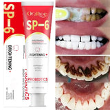 SP-6 Probiotic Whitening Toothpaste 120ml tube with before and after dental care images.