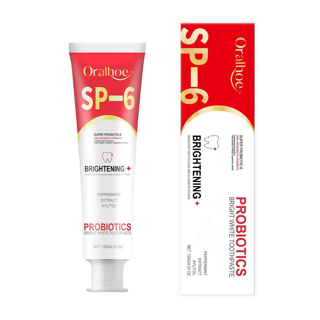 SP-6 Probiotic Whitening Toothpaste 120ml tube and packaging on white background for daily care.