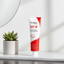 SP-8 Probiotic Whitening Toothpaste tube for daily whitening, stain removal, and routine dental care.