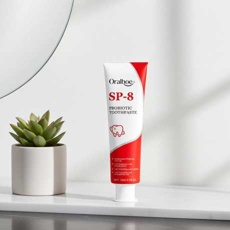 SP-8 Probiotic Whitening Toothpaste tube for daily whitening, stain removal, and routine dental care.