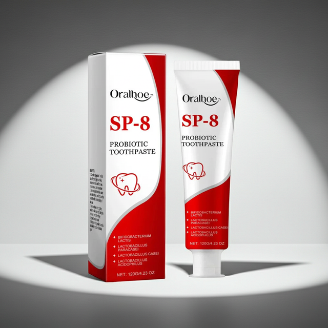 SP-8 Probiotic Whitening Toothpaste tube for probiotic oral care, fresh breath support, and everyday brushing.