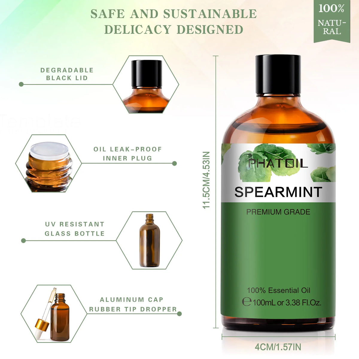 PHATOIL Spearmint pure essential oil bottle for air freshening, diffuser blends, and calming aromatic use.