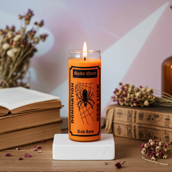 Spider Queen purple 7 day candle in glass jar for spiritual rituals, altar work, and devotional use.