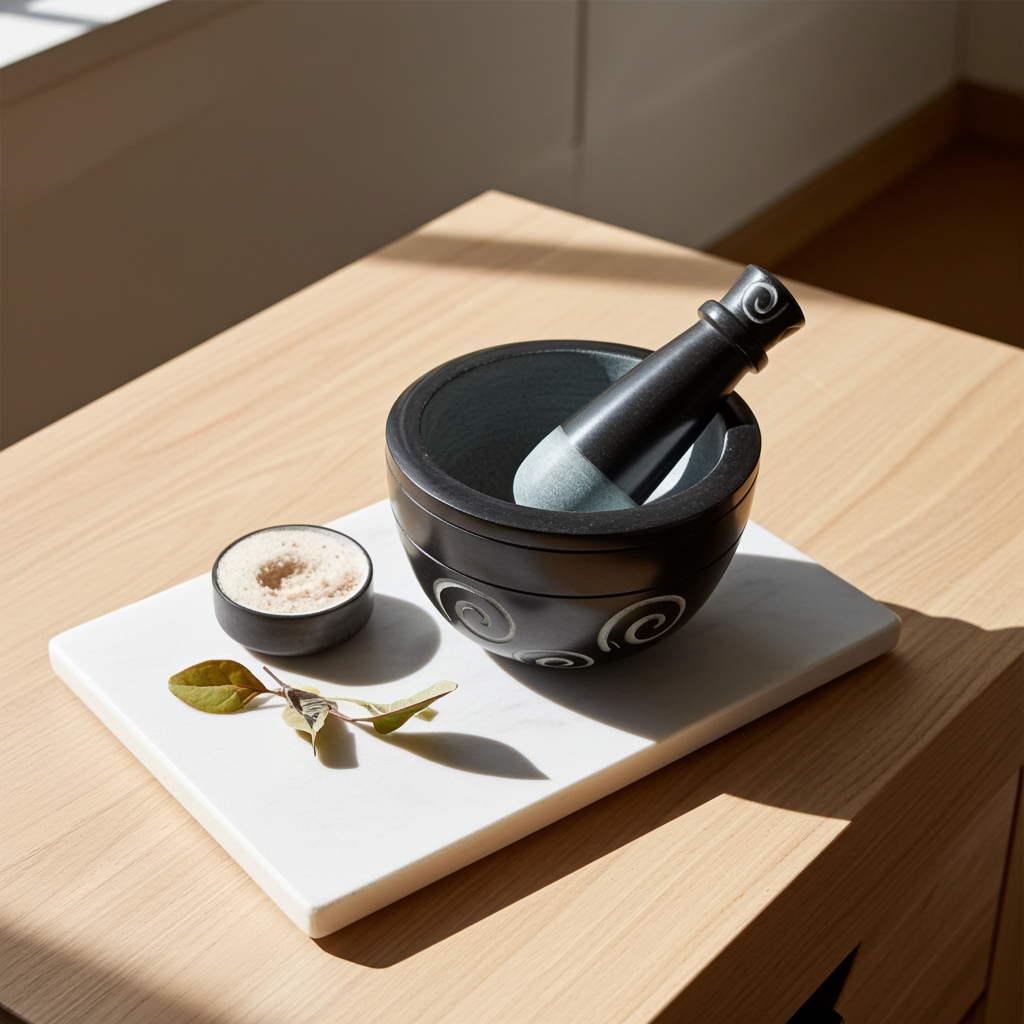 Black spiral soapstone mortar and pestle set for grinding herbs, spices, and seasoning blends in everyday kitchen use.
