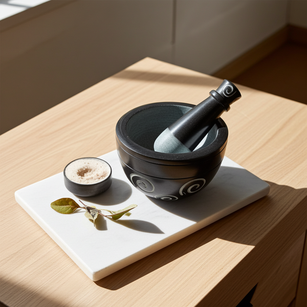 Black spiral soapstone mortar and pestle set for grinding herbs, spices, and seasoning blends in everyday kitchen use.