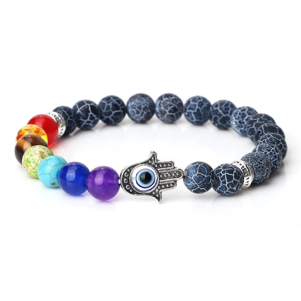 Spiritual 7 Chakra bracelet with Tiger Eye, Lava, Onyx, and Agate stone beads for energy alignment, meditation, and daily intention setting.